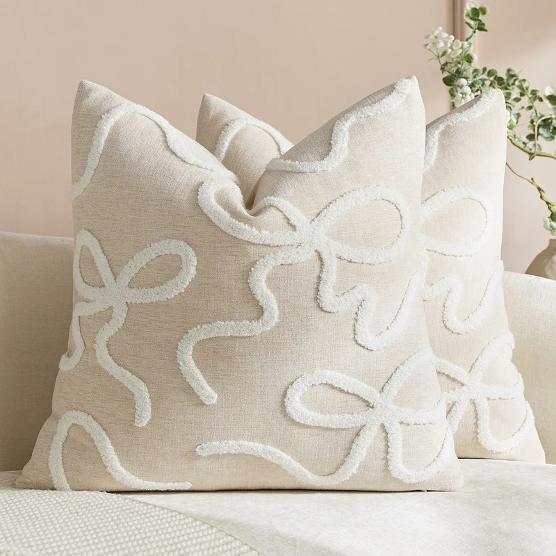 Quadratisches, strukturiertes Loop-Appliqué-Leinen-Mischkissenbezug