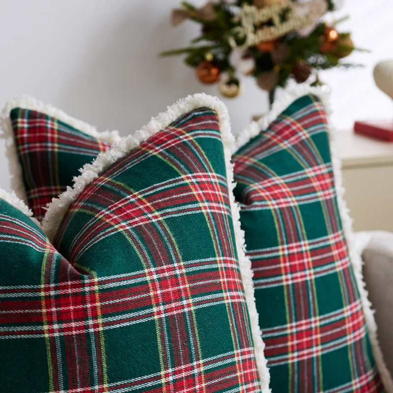 Plaid Sherpa-Trim Quadrat Dekorative Wurfkissenbezug