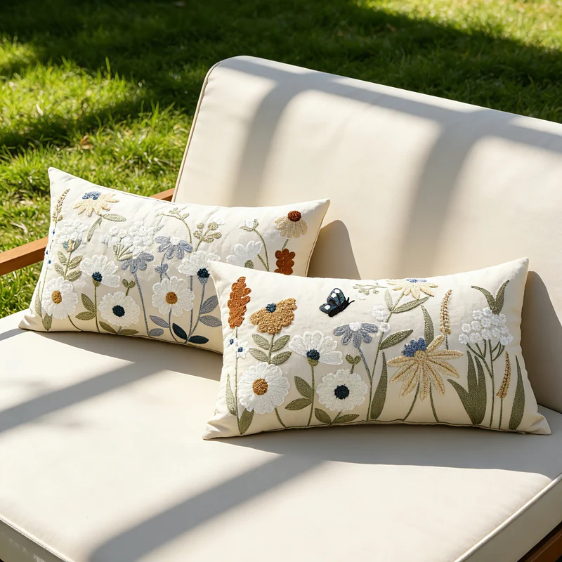 Handbestickter Wiesendesign Leinen-Mischung Lumbar Kissenbezug