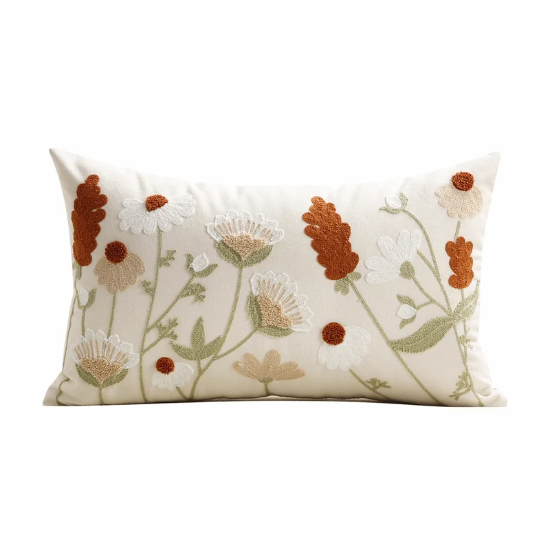 Handbestickter Wiesendesign Leinen-Mischung Lumbar Kissenbezug