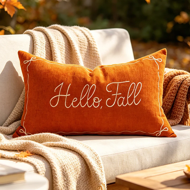Bestickte Hello Fall Leinen-Optik Lendenkissenbezug