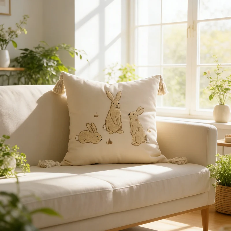 Besticktes Kaninchen Leinenmischung Lendenkissen mit Quastenecken