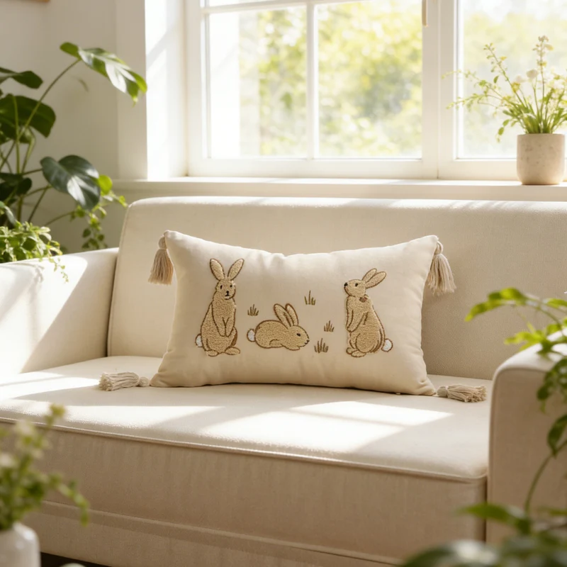 Besticktes Kaninchen Leinenmischung Lendenkissen mit Quastenecken