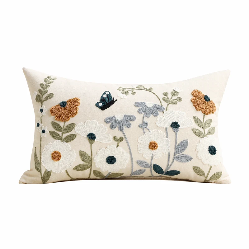 Dekorative quadratische gestickte florale Tufted Leinenkissenbezug