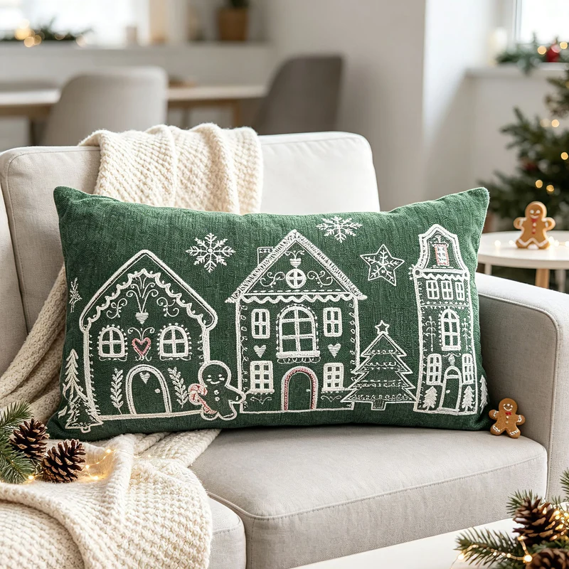 Weihnachtliches Lebkuchenhaus bestickter Samt Kissenbezug für die Lendenstütze