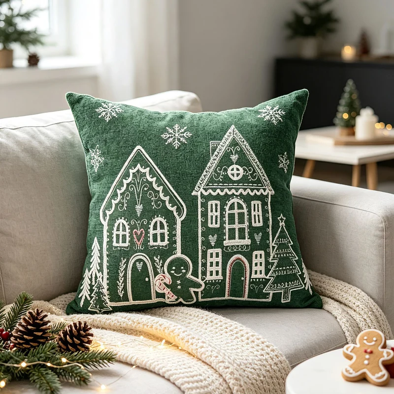 Weihnachtliches Lebkuchenhaus bestickter Samt Kissenbezug für die Lendenstütze