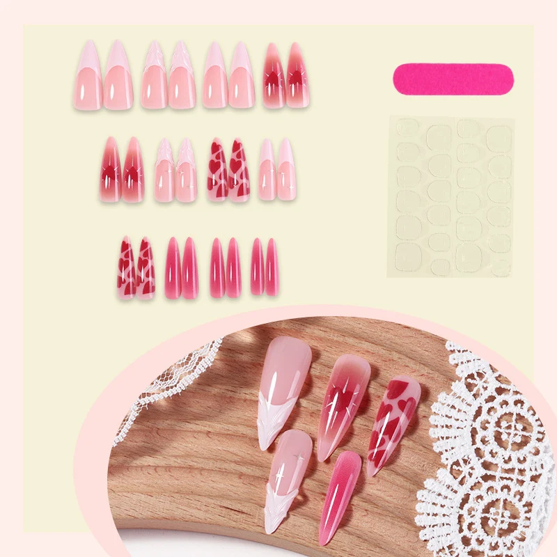 Kunstnagelset mit luxuriösem Ombre-Design und kreativen Herzmotiven Karnz