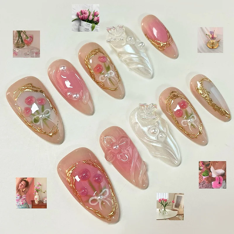 Kunstnagelset mit glitzernden Blumen- und dekadenten Akzenten Karnz