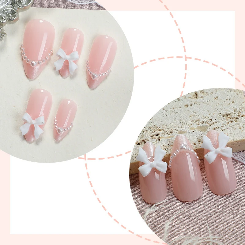 Kunstnagelset mit eleganten Schleifen- und Perlverzierungen Karnz
