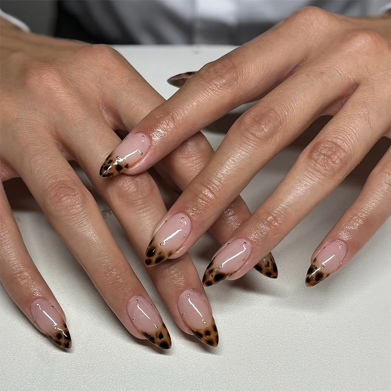 Kunstnagelset mit elegantem Leoparden-Design und Goldakzenten Karnz