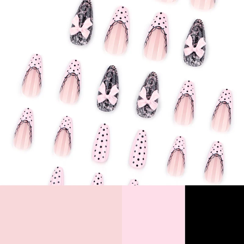 Elegante und kunstvolle Stiletto-Nägel mit Spitzen und Schleifen Karnz