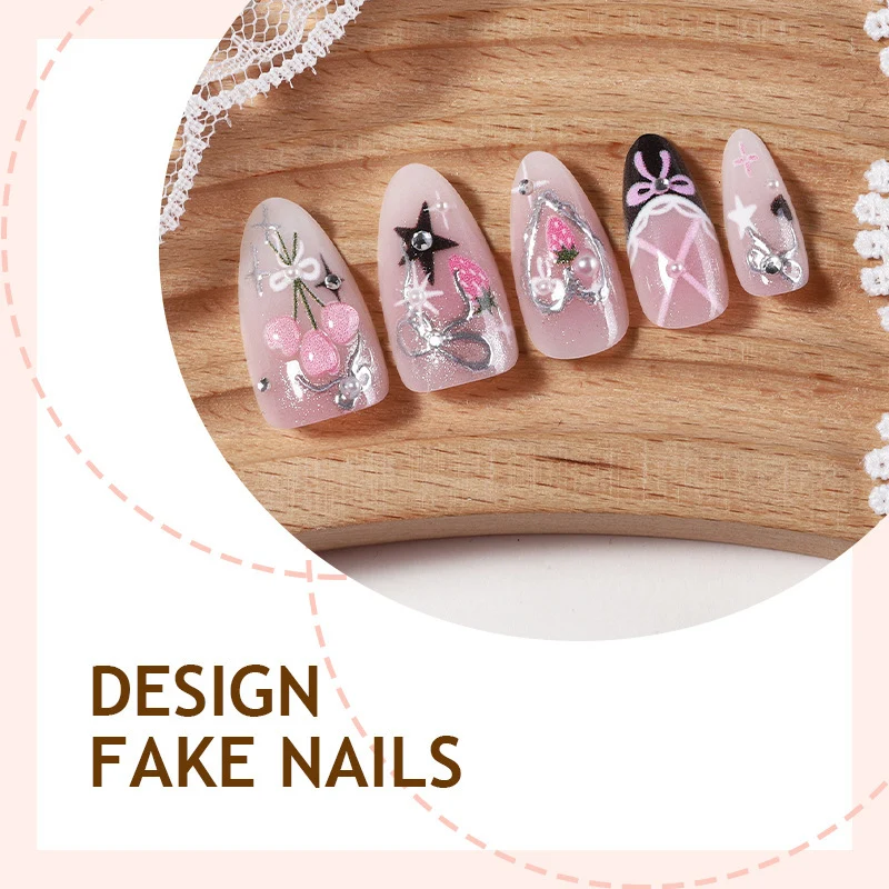 Kreatives Kunstnagelset mit eleganten Schleifen- und Glitzermotiven Karnz