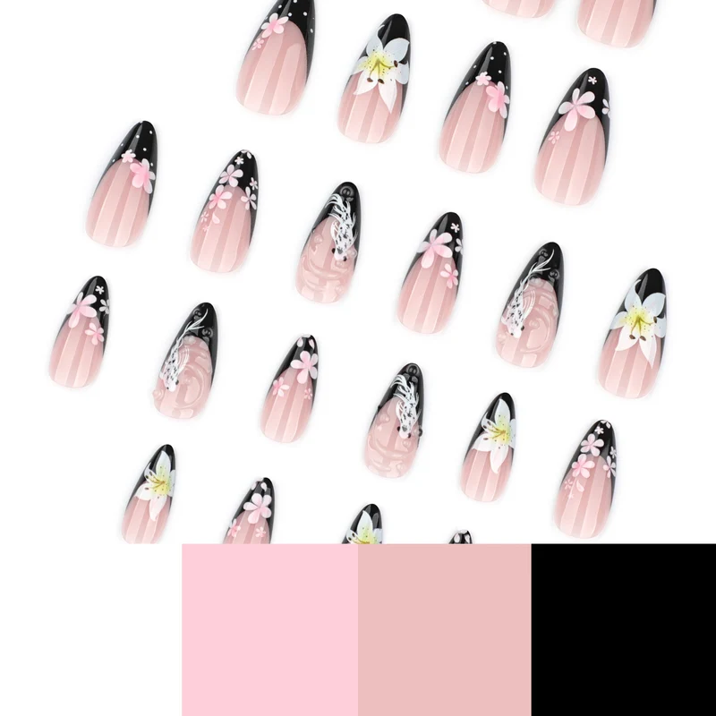 Elegante Nagelverlängerungen mit kreativen Blumen- und Schwarz-Weiß-Muster Karnz