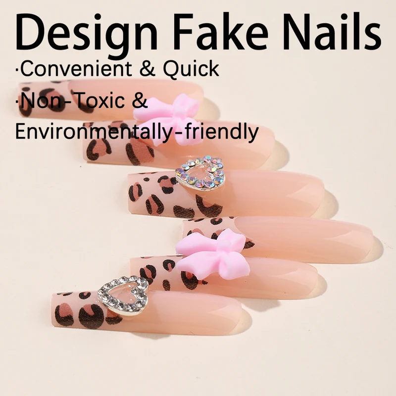Kreatives Nagelset mit Leopardenmuster und Schleifenakzenten Karnz