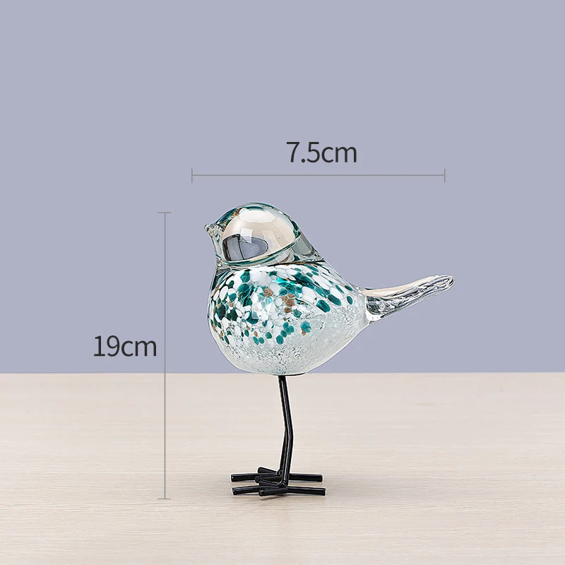 Handgefertigte dekorative Glasskulptur eines Vogels auf Metallbeinen Karnz