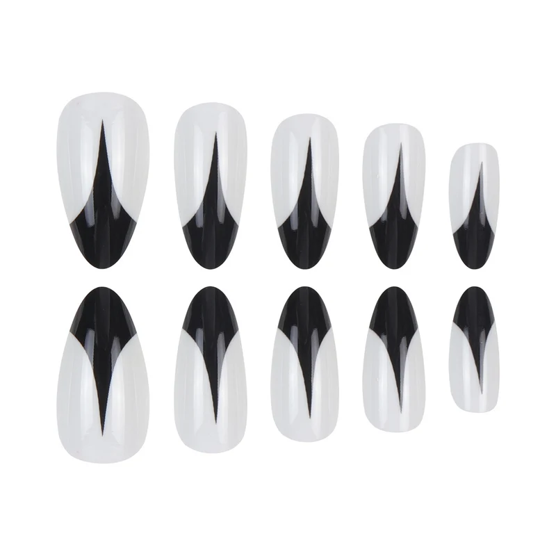 Trendy Stiletto Künstliche Nägel mit Künstlerischem Schwarz und Weiß Design Karnz