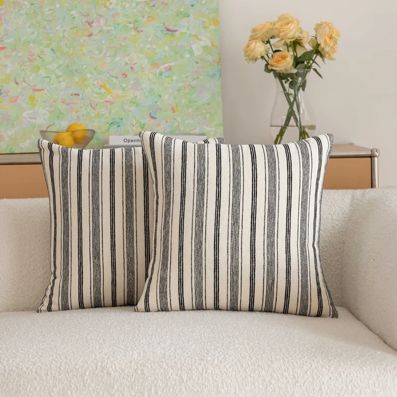 Handgewebter vertikaler gestreifter Baumwoll-Leinen-Kissenbezug mit verstecktem Reißverschluss