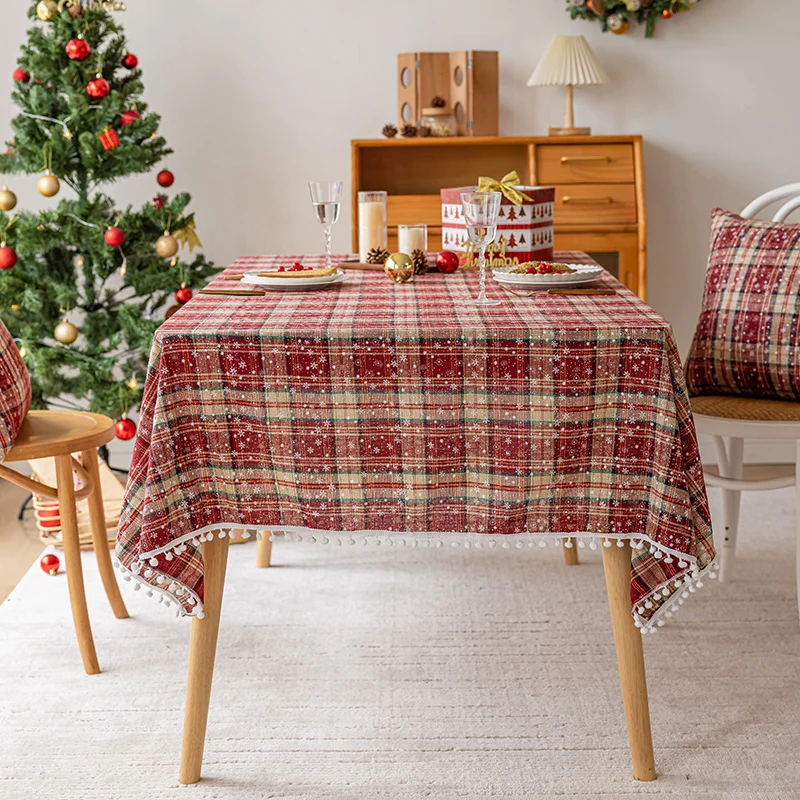 Festliches Karomuster Pom-Pom Trim Rechteckige Tischdecke