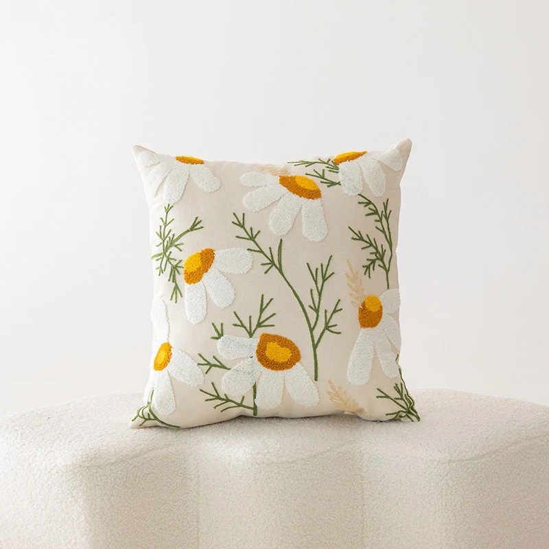 Bestickter Floral Baumwoll-Leinen Quadrat Kissenbezug mit verstecktem Reißverschluss und strukturiertem Appliqué