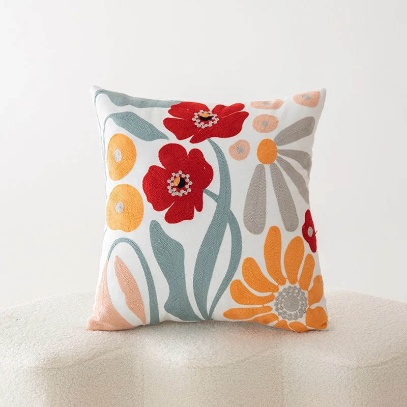 Bestickter Floral Baumwoll-Leinen Quadrat Kissenbezug mit verstecktem Reißverschluss und strukturiertem Appliqué