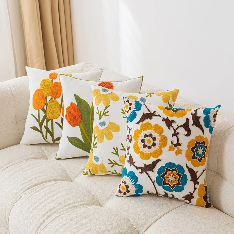 Bestickter Floral Baumwoll-Leinen Quadrat Kissenbezug mit verstecktem Reißverschluss und strukturiertem Appliqué