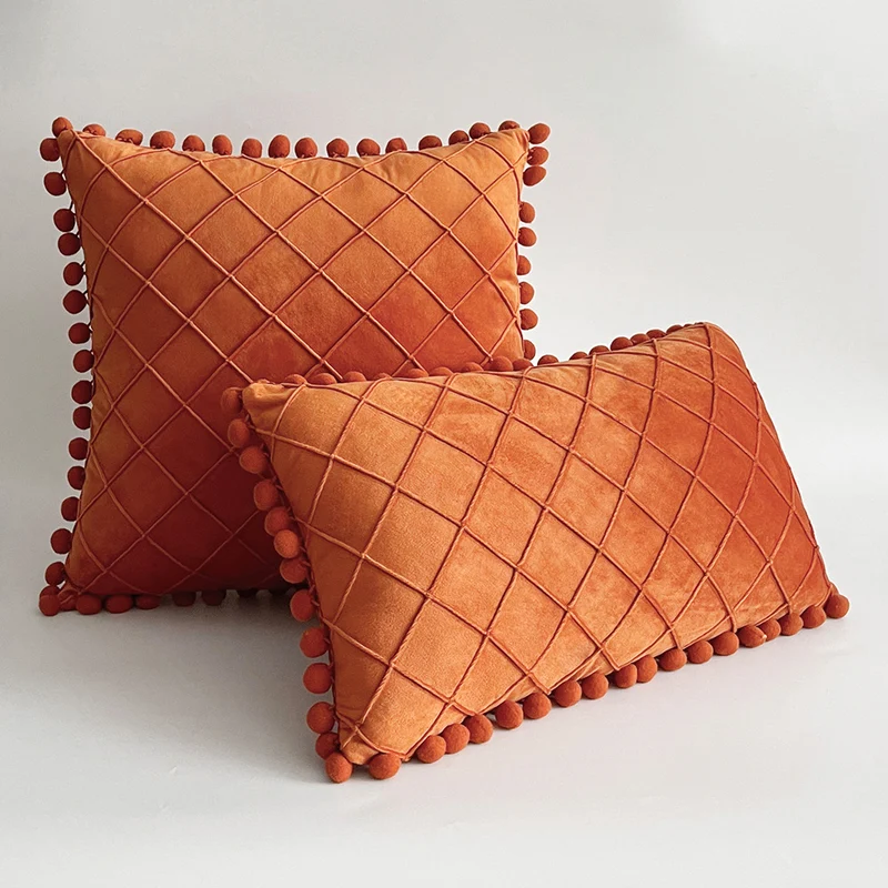 Dekorativer Samt Pom-Pom Gitter-Tufted Wurfkissenbezug