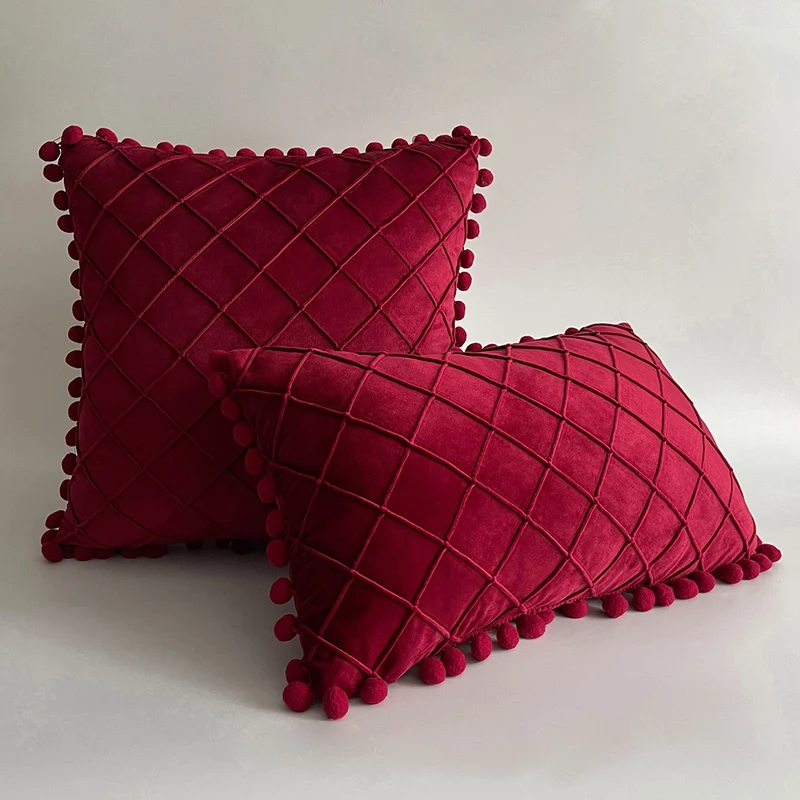 Dekorativer Samt Pom-Pom Gitter-Tufted Wurfkissenbezug