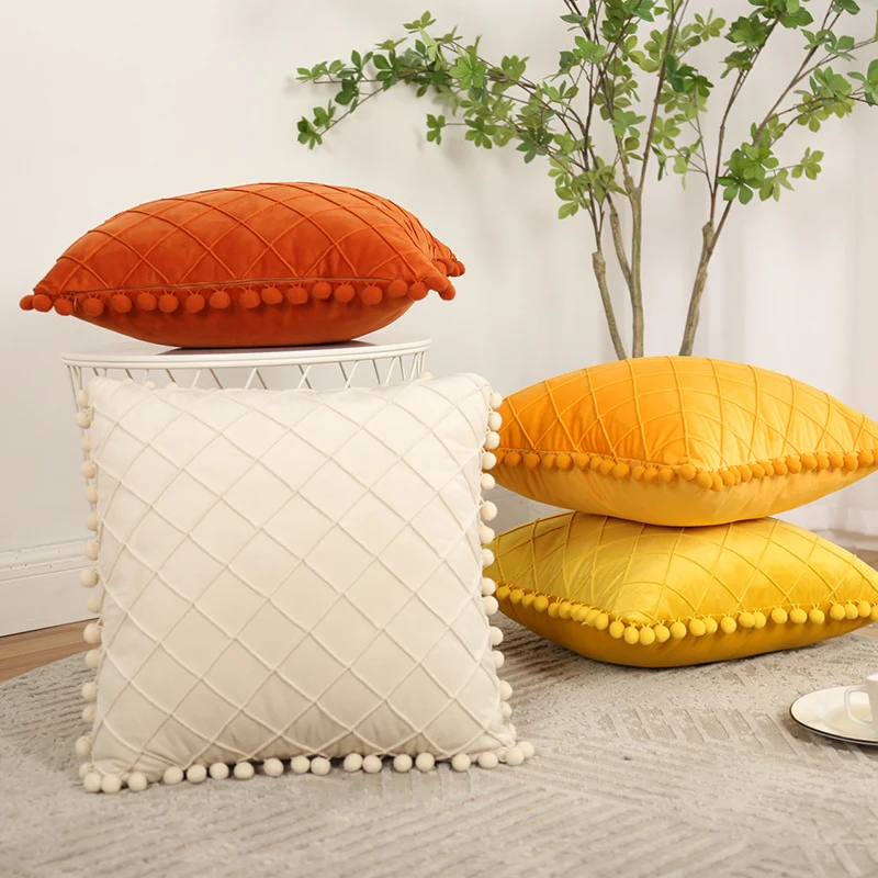 Dekorativer Samt Pom-Pom Gitter-Tufted Wurfkissenbezug