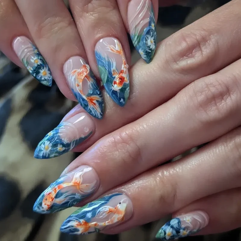 3D Koi Fisch Kunst Stiletto Nagelverlängerungen Karnz