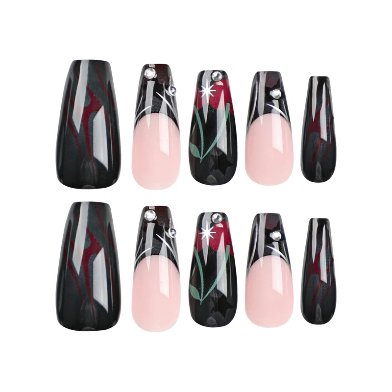 Kunstvolle Nagelkunst mit eleganten Glitzerakzenten und floralem Design Karnz