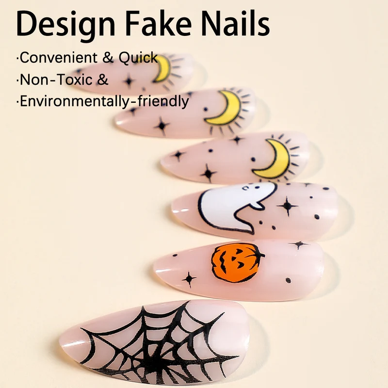 Kreatives Halloween Kunstnagelset mit unterhaltsamen Geister- und Kürbismotiven Karnz