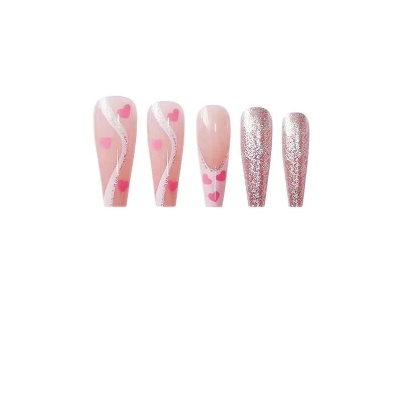Künstlerische Glitzer- und Herzdesign Press-On Nagelverlängerungen Karnz