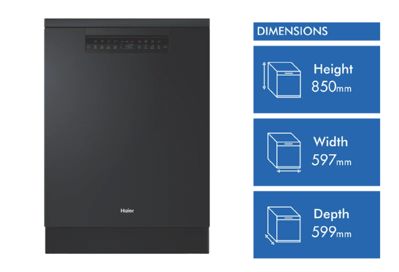 Haier 600 Series Freestanding Dishwasher, Steam, Dual Power Spray Arm, Black