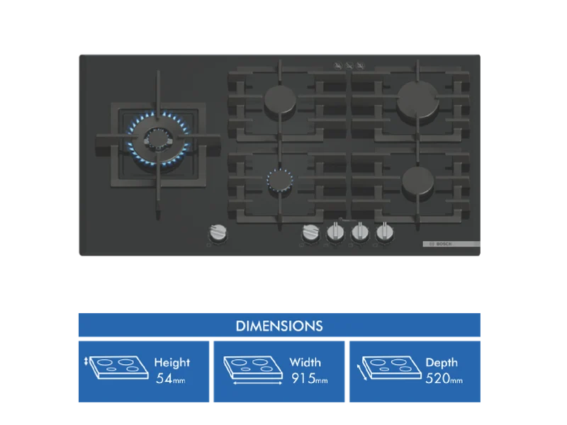 Bosch Series 6, 90cm Gas Cooktop Tempered Glass, Black