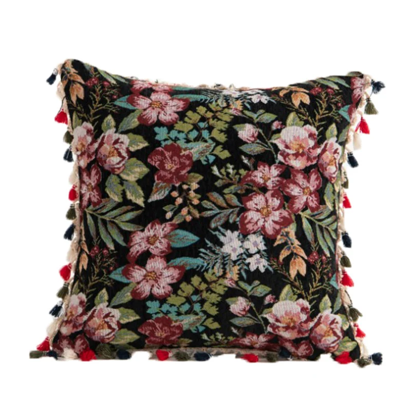 Dekorativer Bohemian Patchwork Wandteppich Wurfkissenbezug mit Pompon-Fransenverzierung