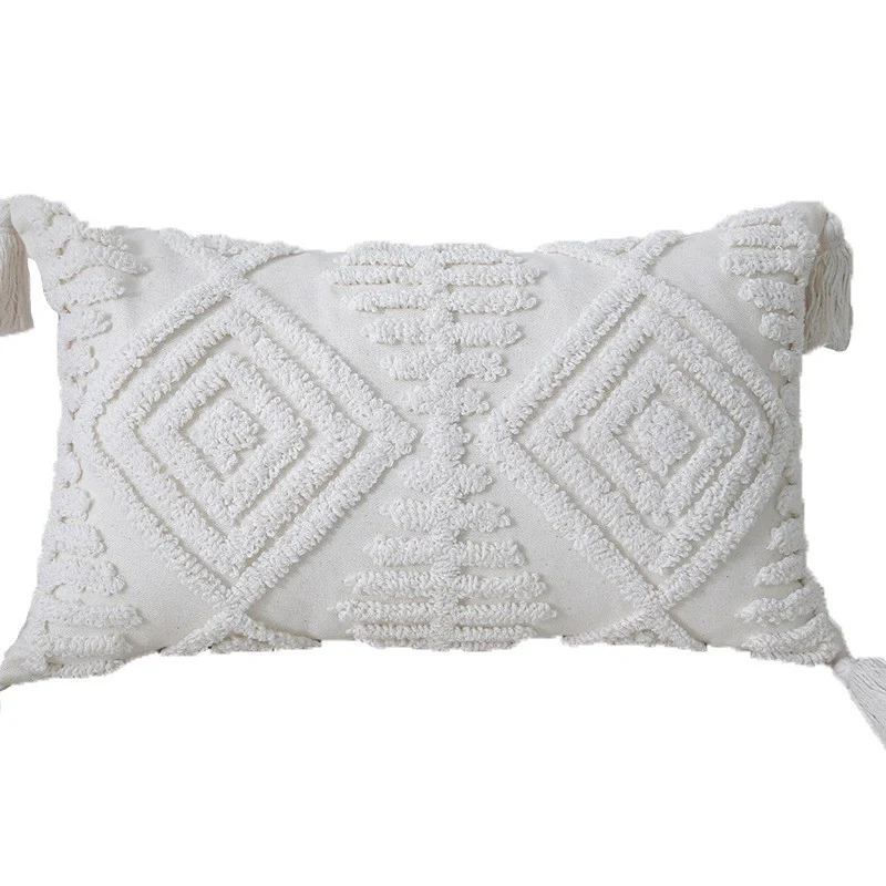 Boho Texturiertes Gestuftes Baumwoll-Wurfkissen mit Diamant-geometrischen Tufting und Eck-Tasseln