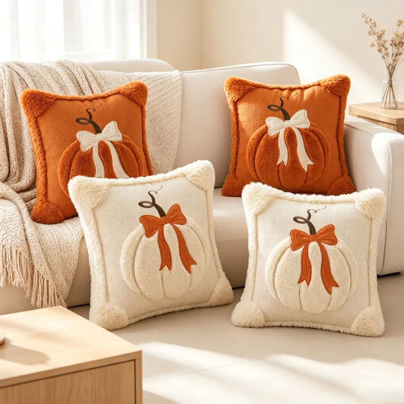Herbst Kürbis Chenille Geplüschtes Quadratisches Wurfkissenüberzug mit Plüsch Erhobenem Motiv