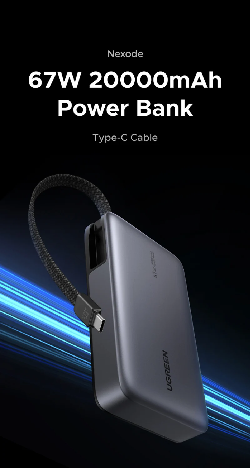 UGREEN 67W 20KmAh Power Bank with Built-in Cable (3C certified)