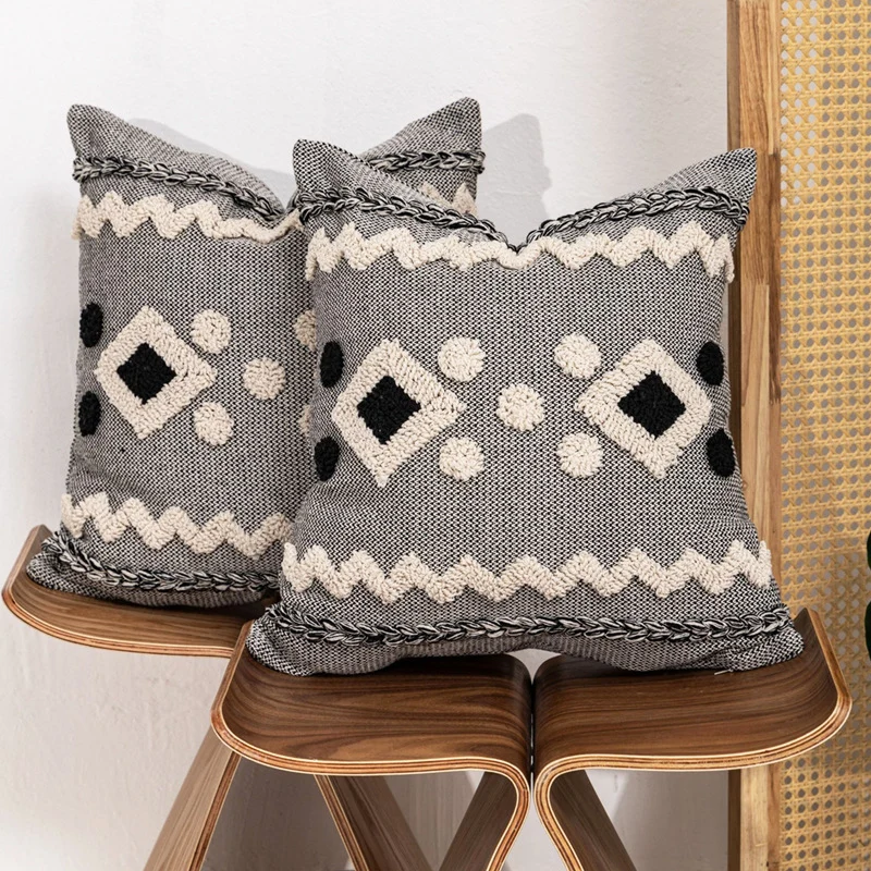 Texturiertes Boho geometrisches tufted Kissen mit geflochtenem Rand und abnehmbarem Reißverschlussbezug