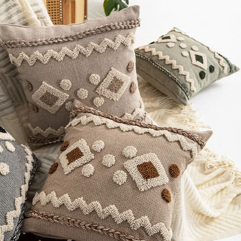 Texturiertes Boho geometrisches tufted Kissen mit geflochtenem Rand und abnehmbarem Reißverschlussbezug
