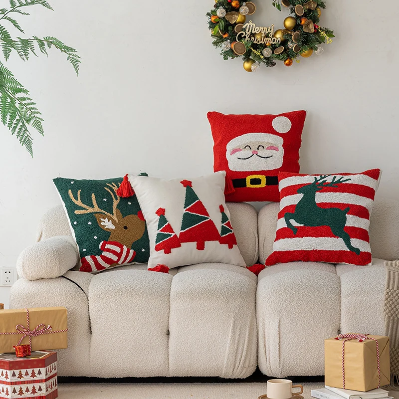 Quadratisches Holiday-Tufted Baumwoll-Wurfkissen mit Quaste-Ecken und Applizierten Weihnachtsbäumen
