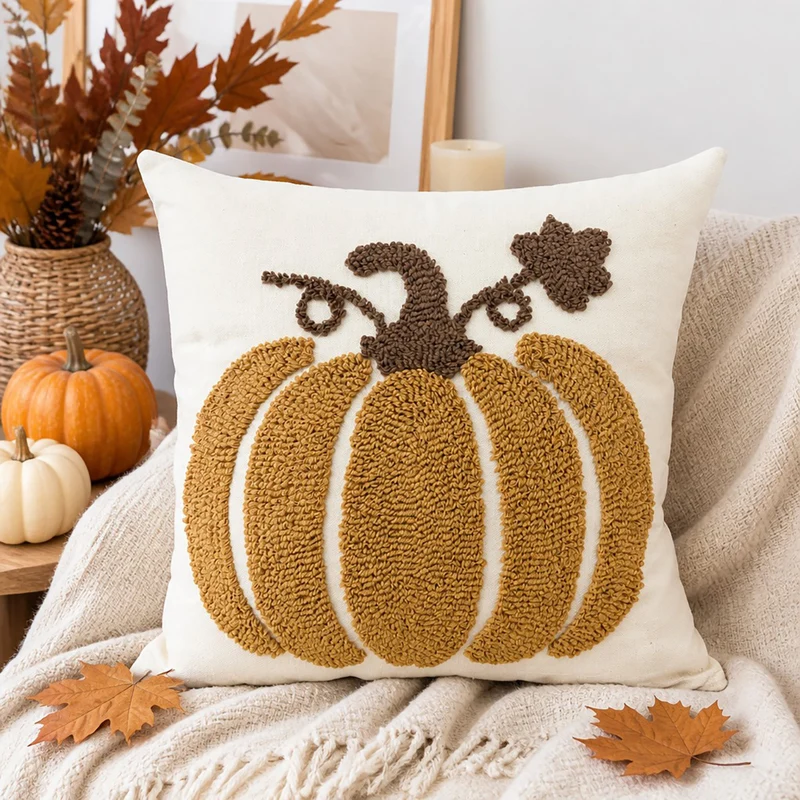 Saisonale tufted Kürbis Akzent Kissenbezug mit Chenille-Schlingenstickerei