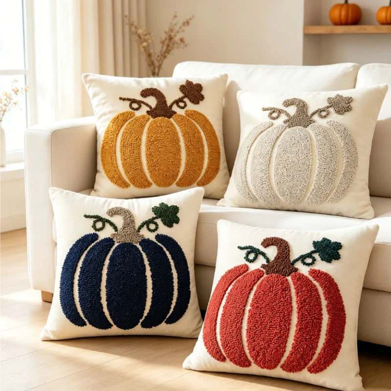Saisonale tufted Kürbis Akzent Kissenbezug mit Chenille-Schlingenstickerei