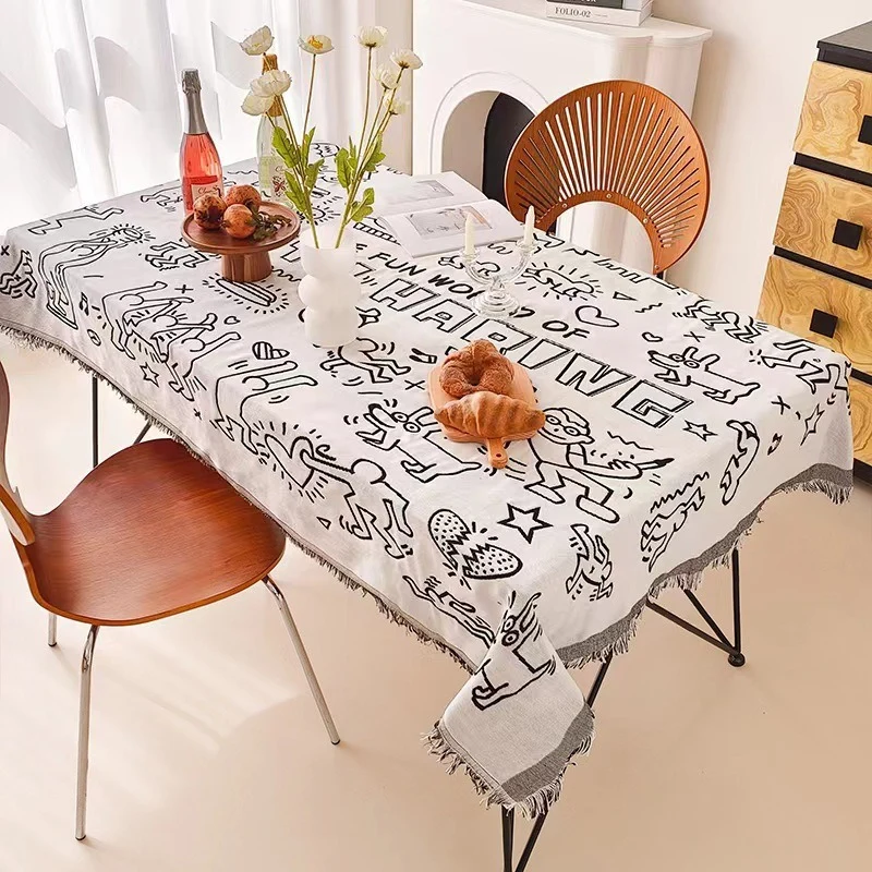 Runde texturierte Waffelgewebe-Fransen-Tischdecke mit Quastenrand