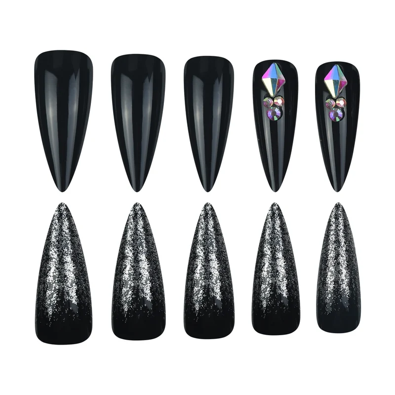 Stiletto Press-On Nagelset mit Glitter und Edelstein-Accents Karnz