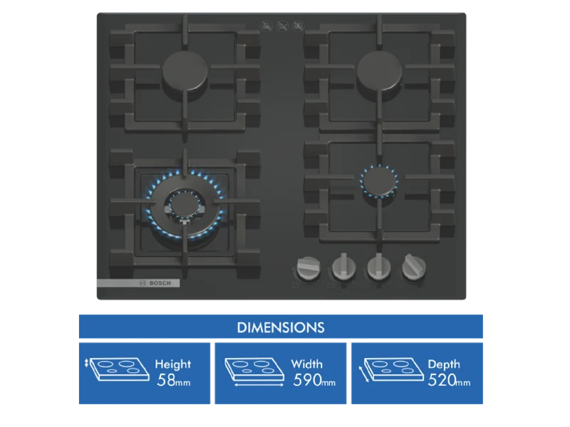 Bosch Series 4, 60cm Gas Cooktop Tempered Glass, Black