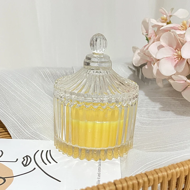 Rippenglas Vintage-Style Glasbehälter Duftsojakerze mit dekorativem Deckel