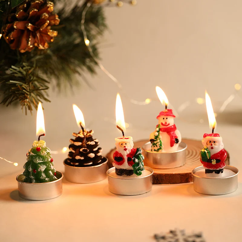 Miniatur Weihnachts Skulptur Tee Licht Kerzen Set mit Metallbecher Neuheit Weihnachtsmann Schneemann Tannenzapfen Baum Designs