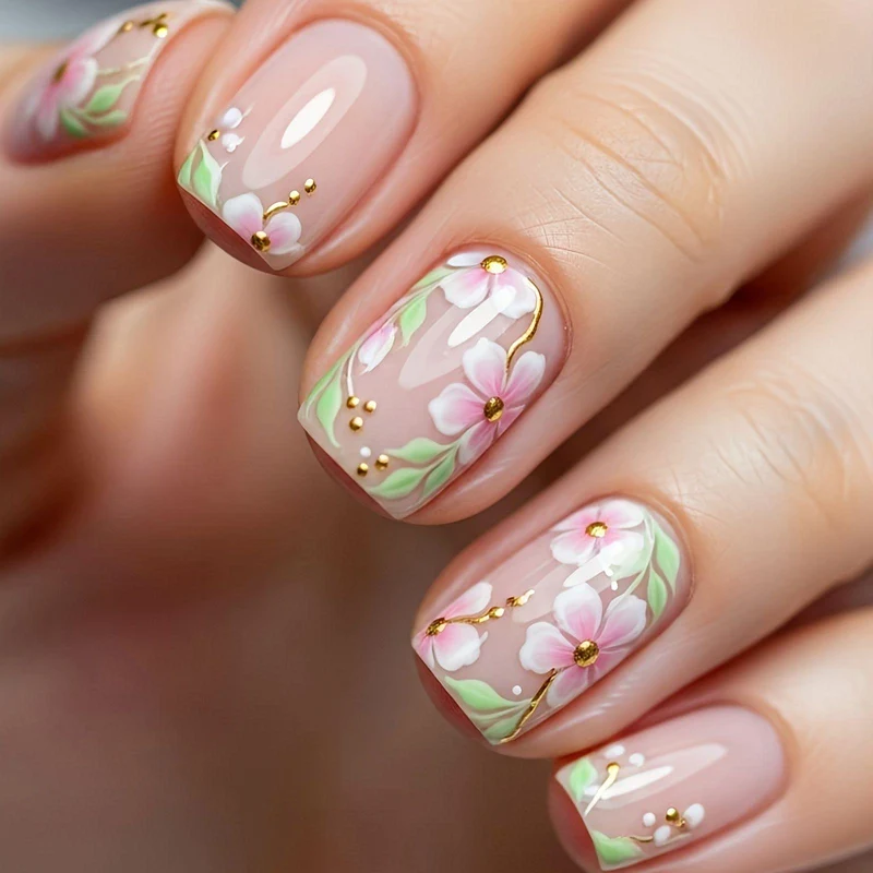 Blumenverzierte Nagelkunstverzierungen Karnz